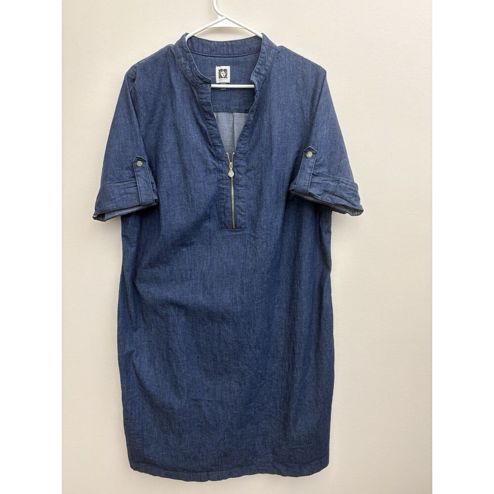 Anne Klein Shift Stretch Denim Blue 1/4 Zip Short Sleeve  Knee Length Dress 1XL - Picture 4 of 13